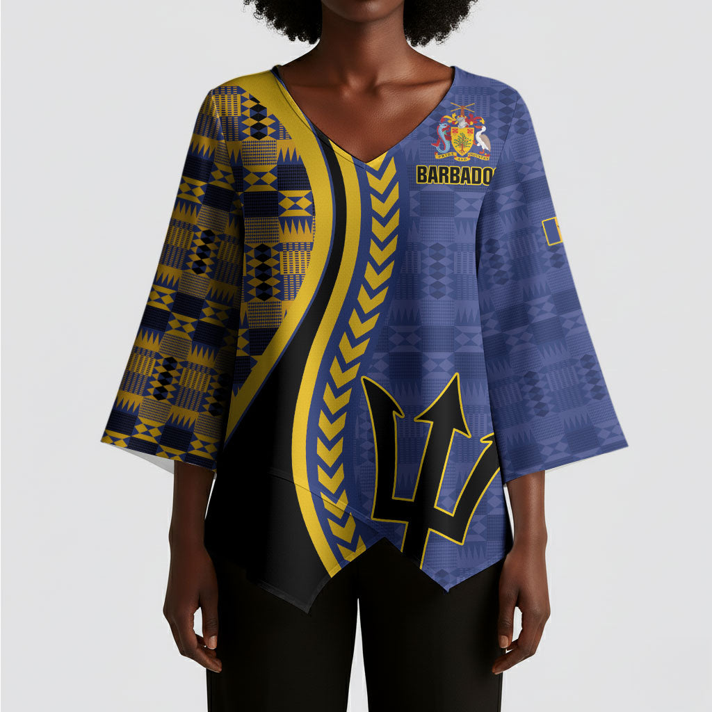 Personalized Barbados Trident Kimono Sleeve Blouse Afro-Barbadians Kente Pattern