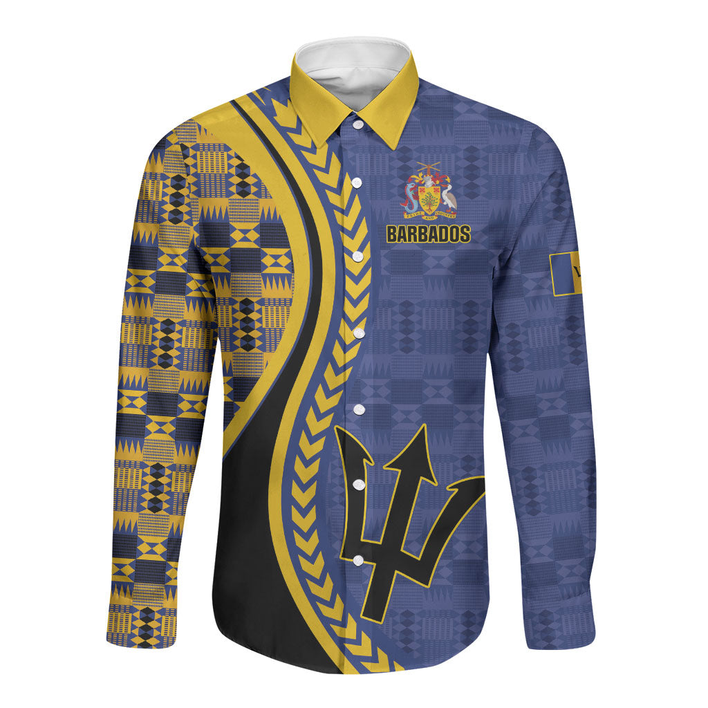 Personalized Barbados Trident Long Sleeve Button Shirt Afro-Barbadians Kente Pattern
