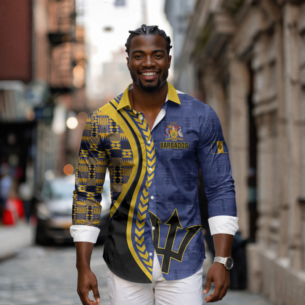 Personalized Barbados Trident Long Sleeve Button Shirt Afro-Barbadians Kente Pattern