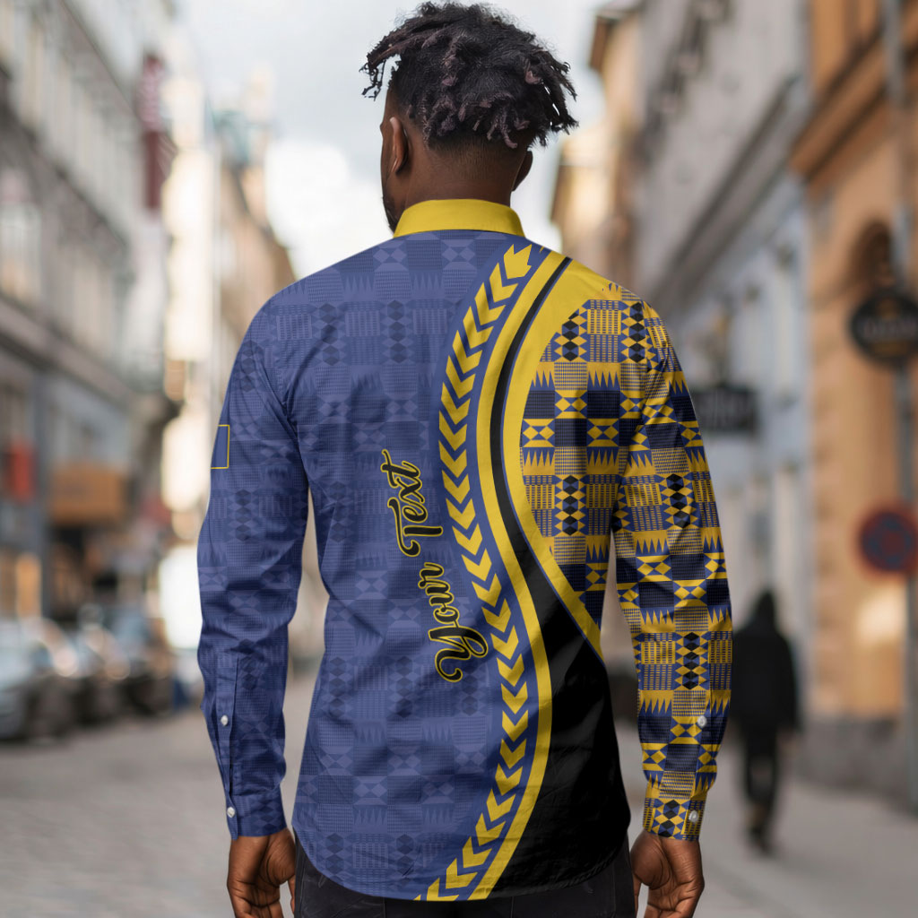Personalized Barbados Trident Long Sleeve Button Shirt Afro-Barbadians Kente Pattern