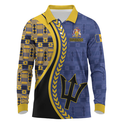 Personalized Barbados Trident Long Sleeve Polo Shirt Afro-Barbadians Kente Pattern