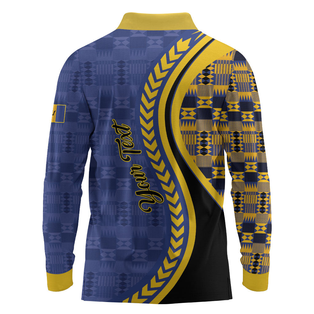Personalized Barbados Trident Long Sleeve Polo Shirt Afro-Barbadians Kente Pattern