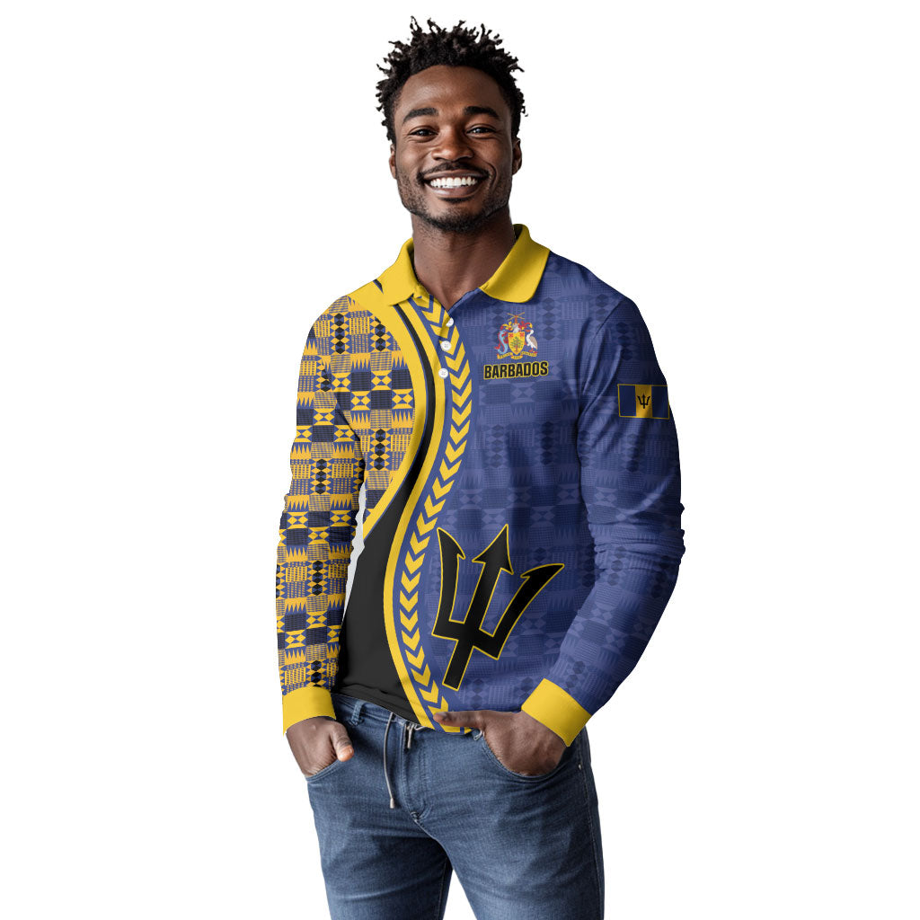 Personalized Barbados Trident Long Sleeve Polo Shirt Afro-Barbadians Kente Pattern