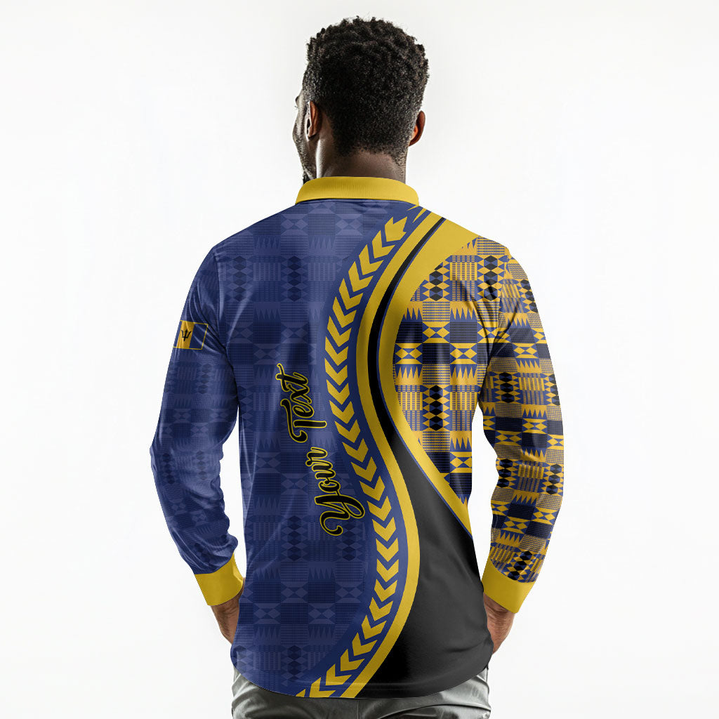 Personalized Barbados Trident Long Sleeve Polo Shirt Afro-Barbadians Kente Pattern