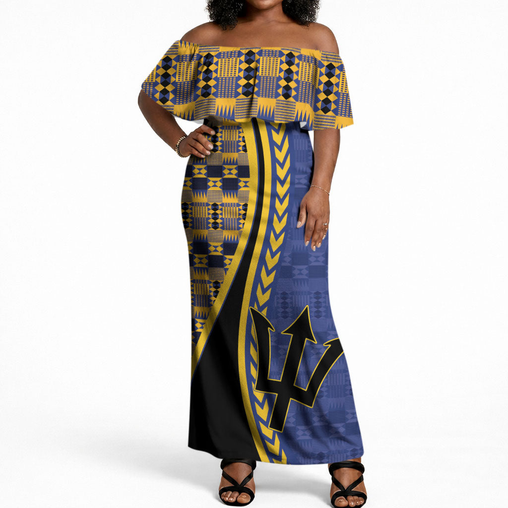 Personalized Barbados Trident Off Shoulder Maxi Dress Afro-Barbadians Kente Pattern