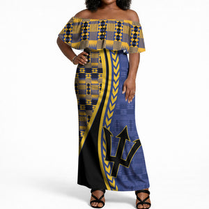 Personalized Barbados Trident Off Shoulder Maxi Dress Afro-Barbadians Kente Pattern
