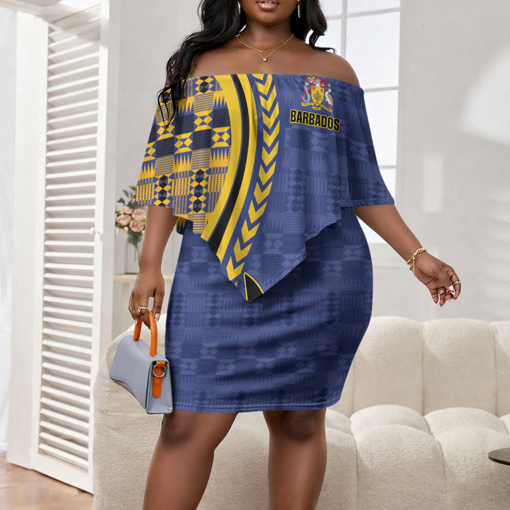 Personalized Barbados Trident Off Shoulder Short Dress Afro-Barbadians Kente Pattern
