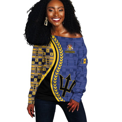 Personalized Barbados Trident Off Shoulder Sweater Afro-Barbadians Kente Pattern