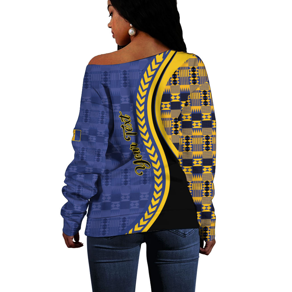 Personalized Barbados Trident Off Shoulder Sweater Afro-Barbadians Kente Pattern