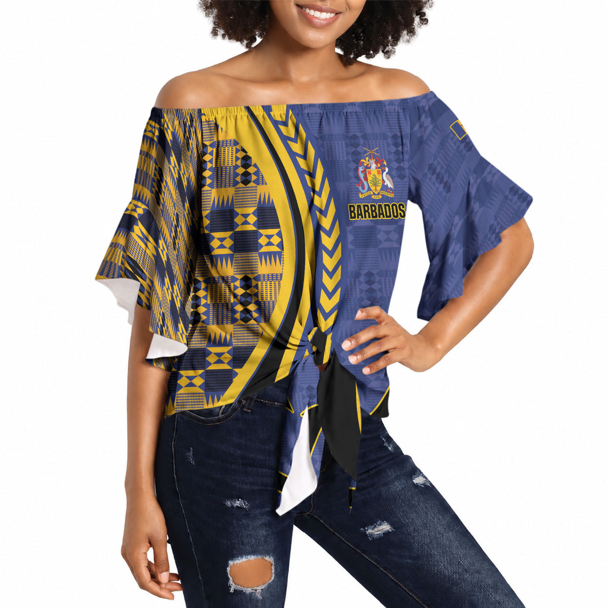 Personalized Barbados Trident Off Shoulder Wrap Waist Top Afro-Barbadians Kente Pattern