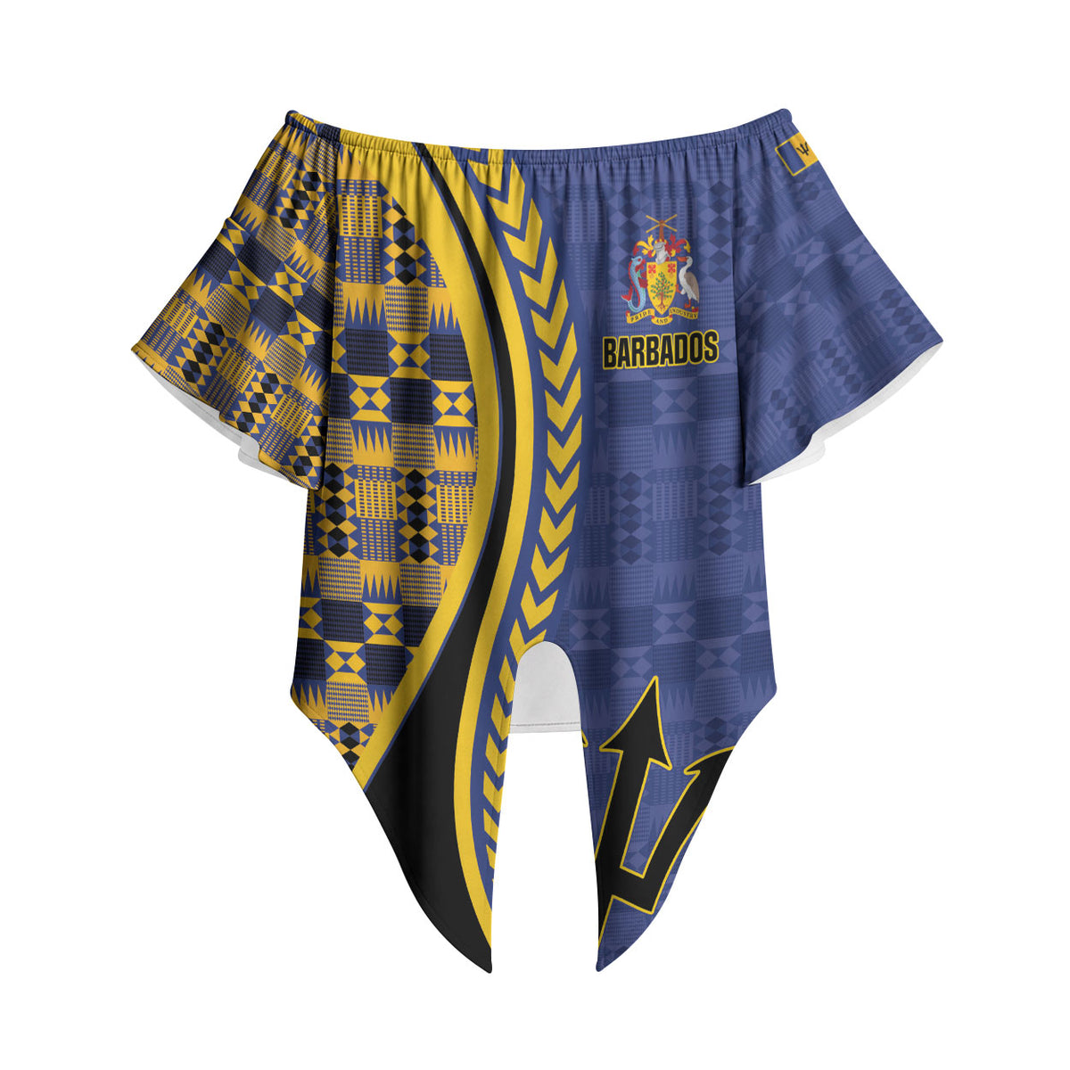 Personalized Barbados Trident Off Shoulder Wrap Waist Top Afro-Barbadians Kente Pattern