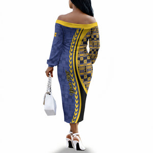 Personalized Barbados Trident Off The Shoulder Long Sleeve Dress Afro-Barbadians Kente Pattern