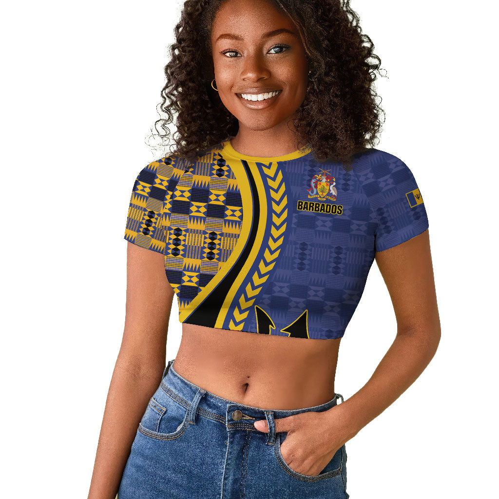 Personalized Barbados Trident Raglan Cropped T shirt Afro-Barbadians Kente Pattern