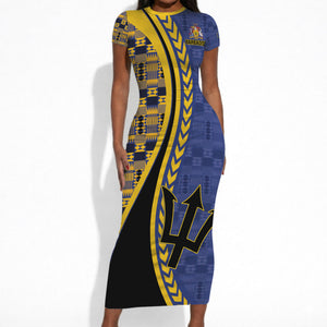 Personalized Barbados Trident Short Sleeve Bodycon Dress Afro-Barbadians Kente Pattern