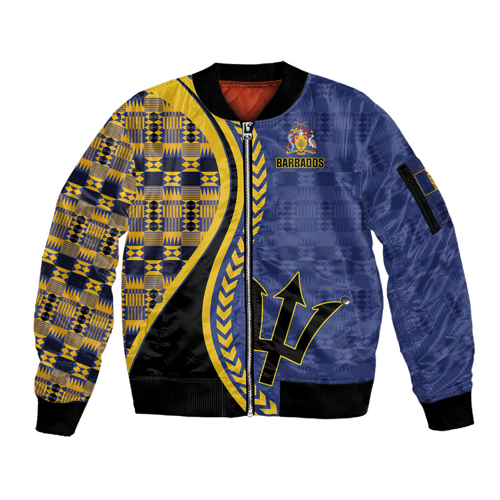 Personalized Barbados Trident Sleeve Zip Bomber Jacket Afro-Barbadians Kente Pattern