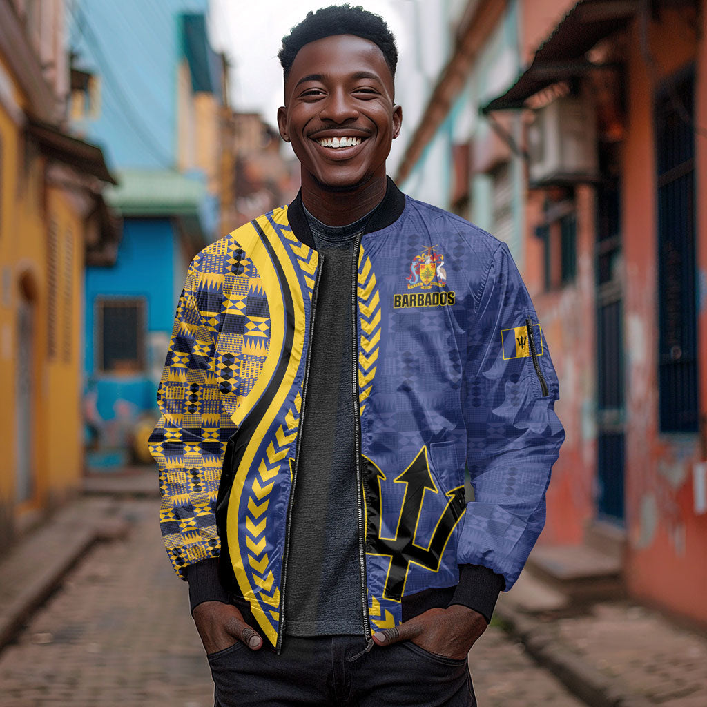 Personalized Barbados Trident Sleeve Zip Bomber Jacket Afro-Barbadians Kente Pattern