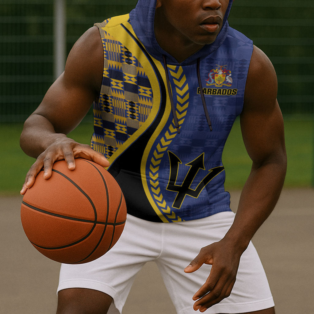 Personalized Barbados Trident Sleeveless Hoodie Afro-Barbadians Kente Pattern