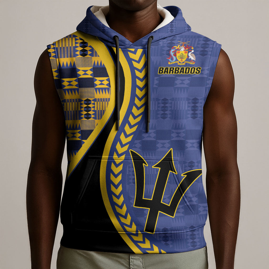 Personalized Barbados Trident Sleeveless Hoodie Afro-Barbadians Kente Pattern