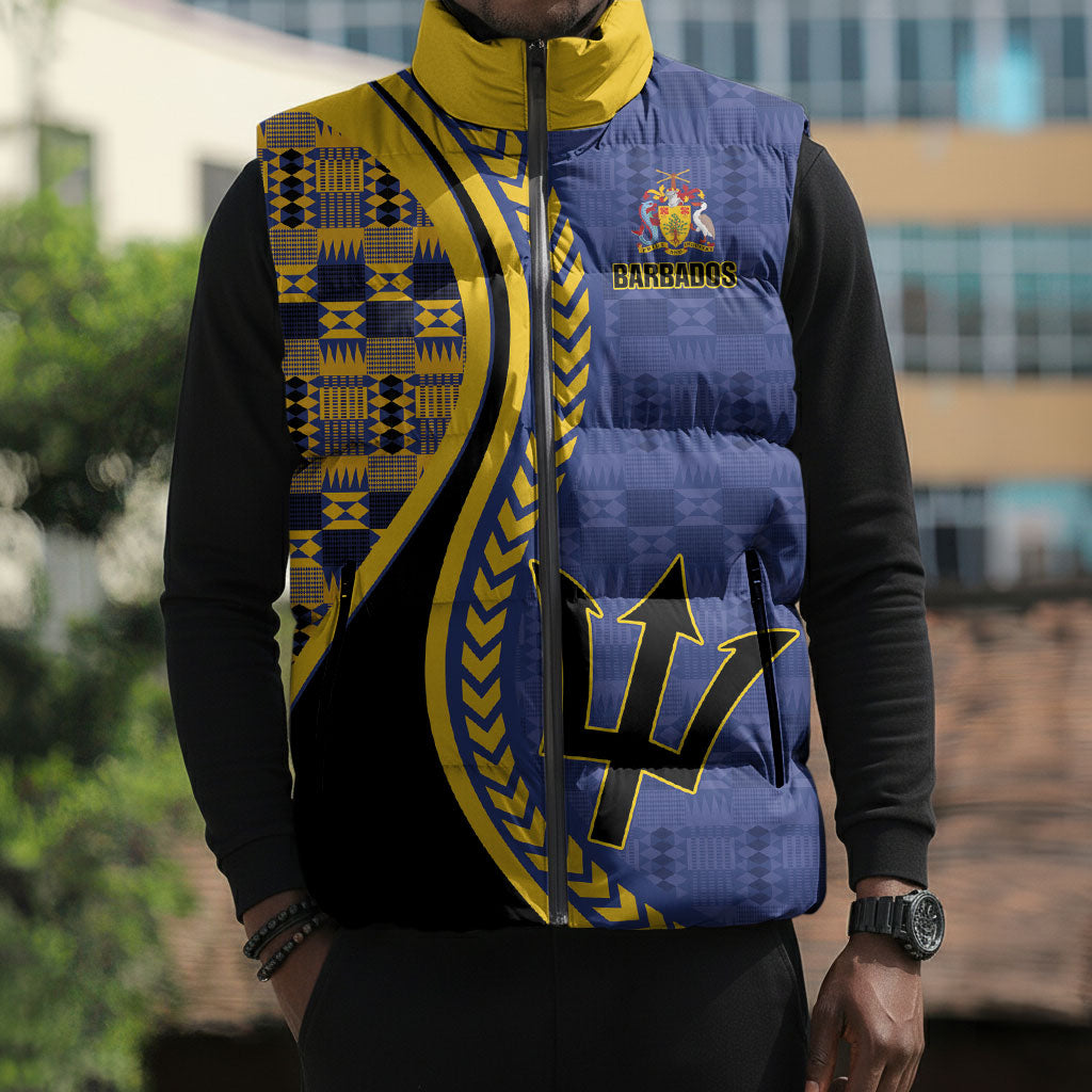 Personalized Barbados Trident Sleeveless Puffer Jacket Afro-Barbadians Kente Pattern