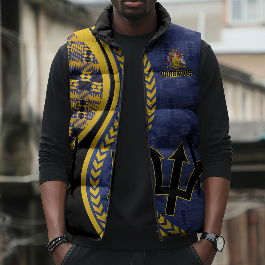 Personalized Barbados Trident Sleeveless Puffer Jacket Afro-Barbadians Kente Pattern