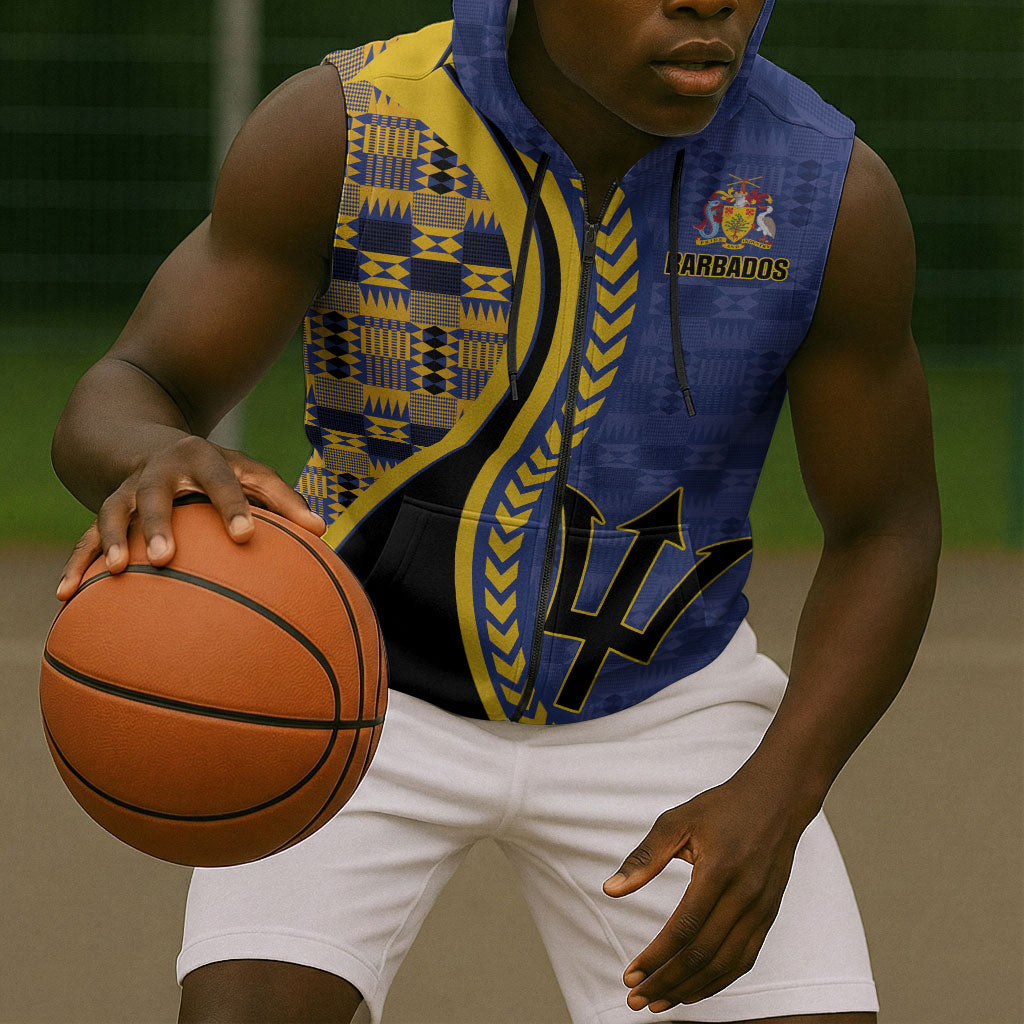 Personalized Barbados Trident Sleeveless Zip Hoodie Afro-Barbadians Kente Pattern