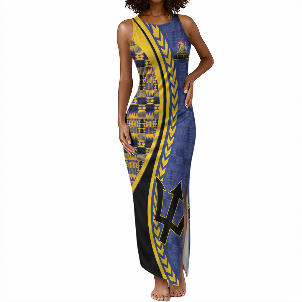 Personalized Barbados Trident Tank Maxi Dress Afro-Barbadians Kente Pattern