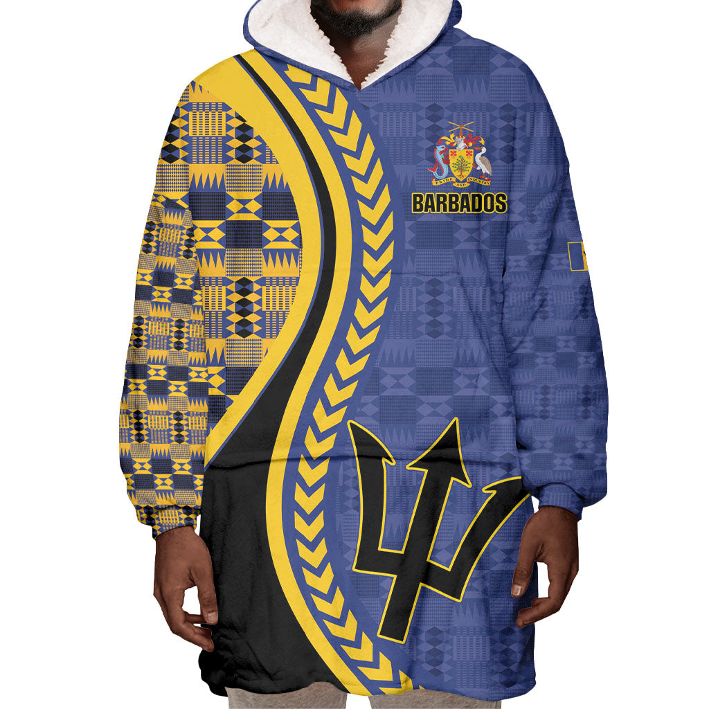 Personalized Barbados Trident Wearable Blanket Hoodie Afro-Barbadians Kente Pattern