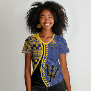 Personalized Barbados Trident Women V-Neck T-Shirt Afro-Barbadians Kente Pattern