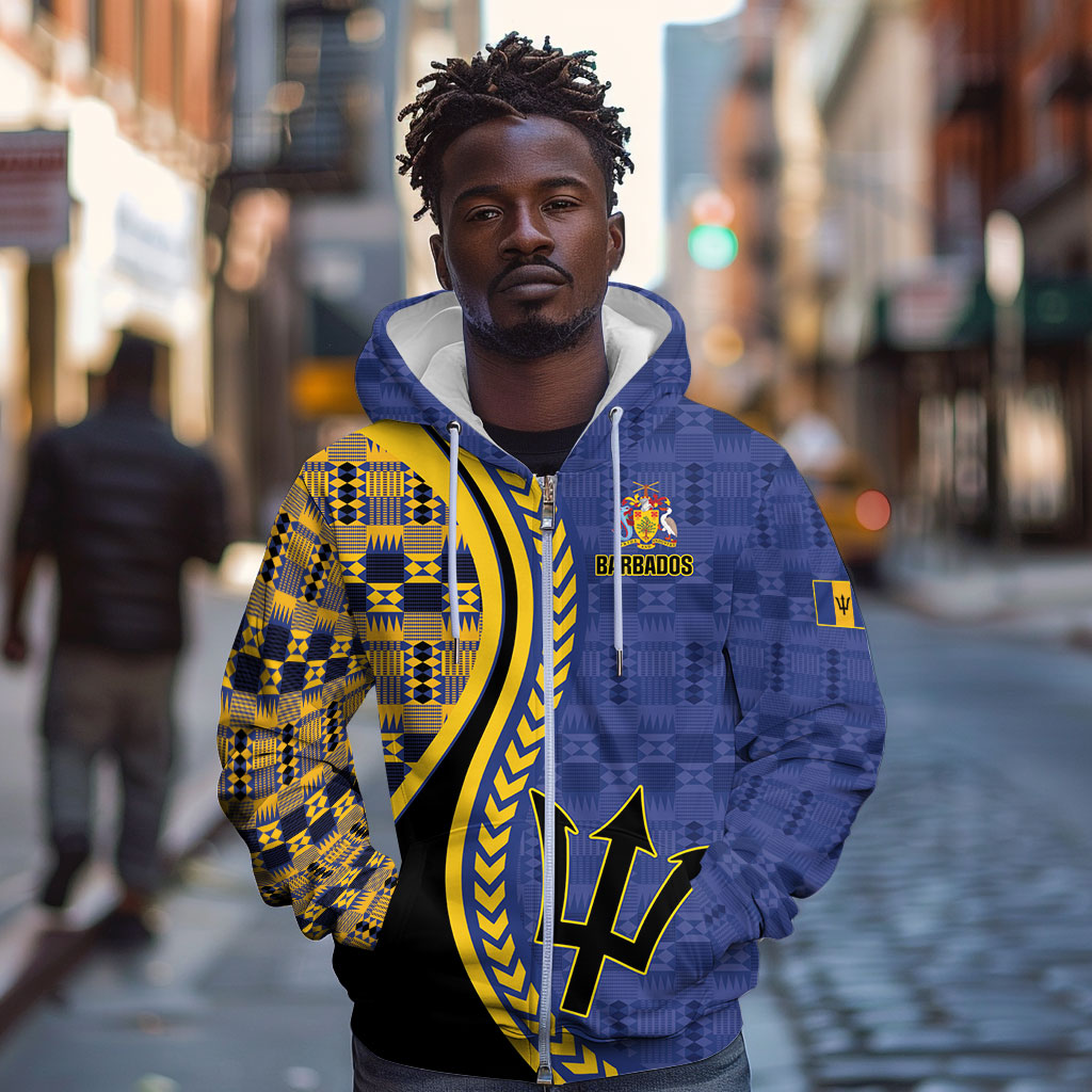 Personalized Barbados Trident Zip Hoodie Afro-Barbadians Kente Pattern
