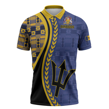 Personalized Barbados Trident Zipper Polo Shirt Afro-Barbadians Kente Pattern