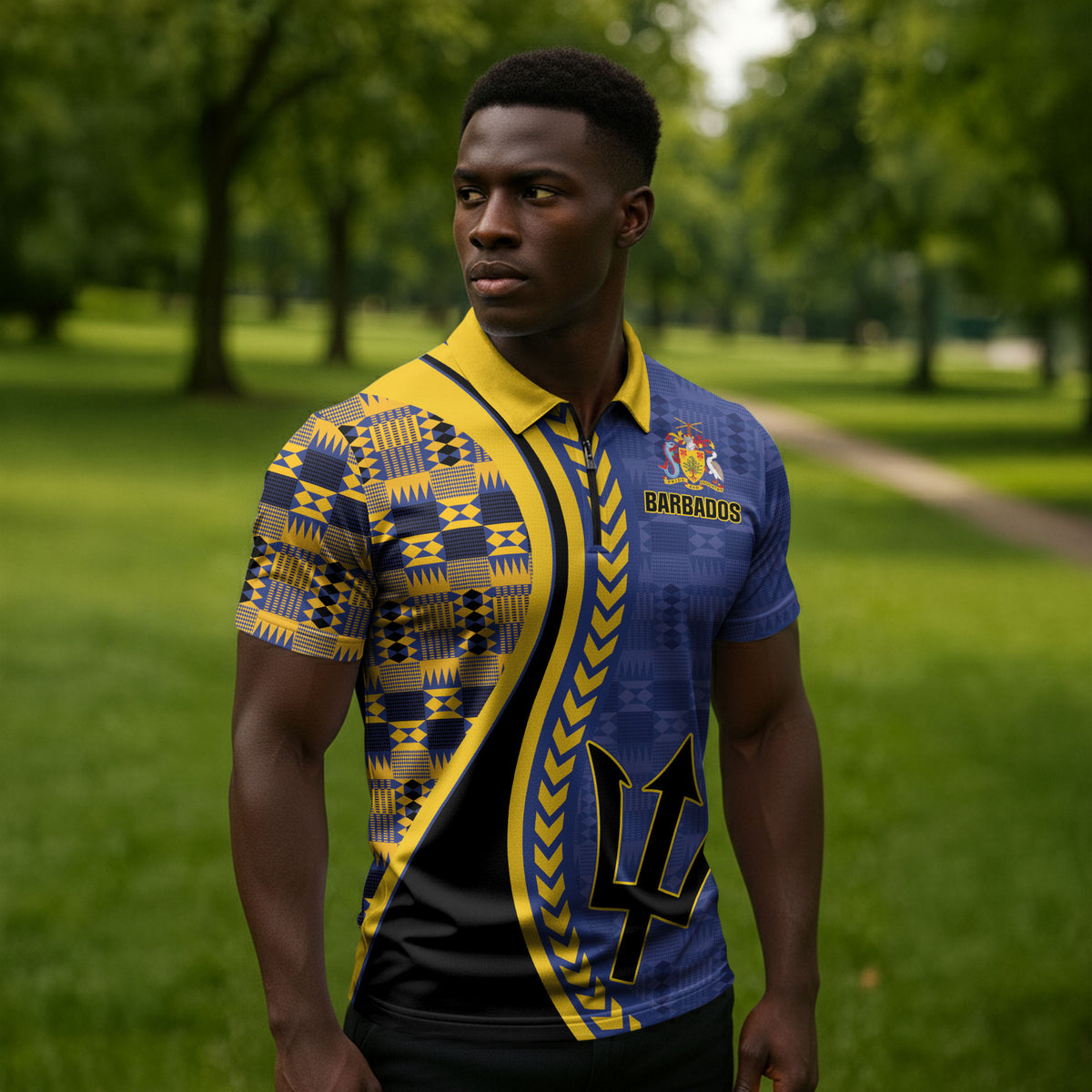 Personalized Barbados Trident Zipper Polo Shirt Afro-Barbadians Kente Pattern