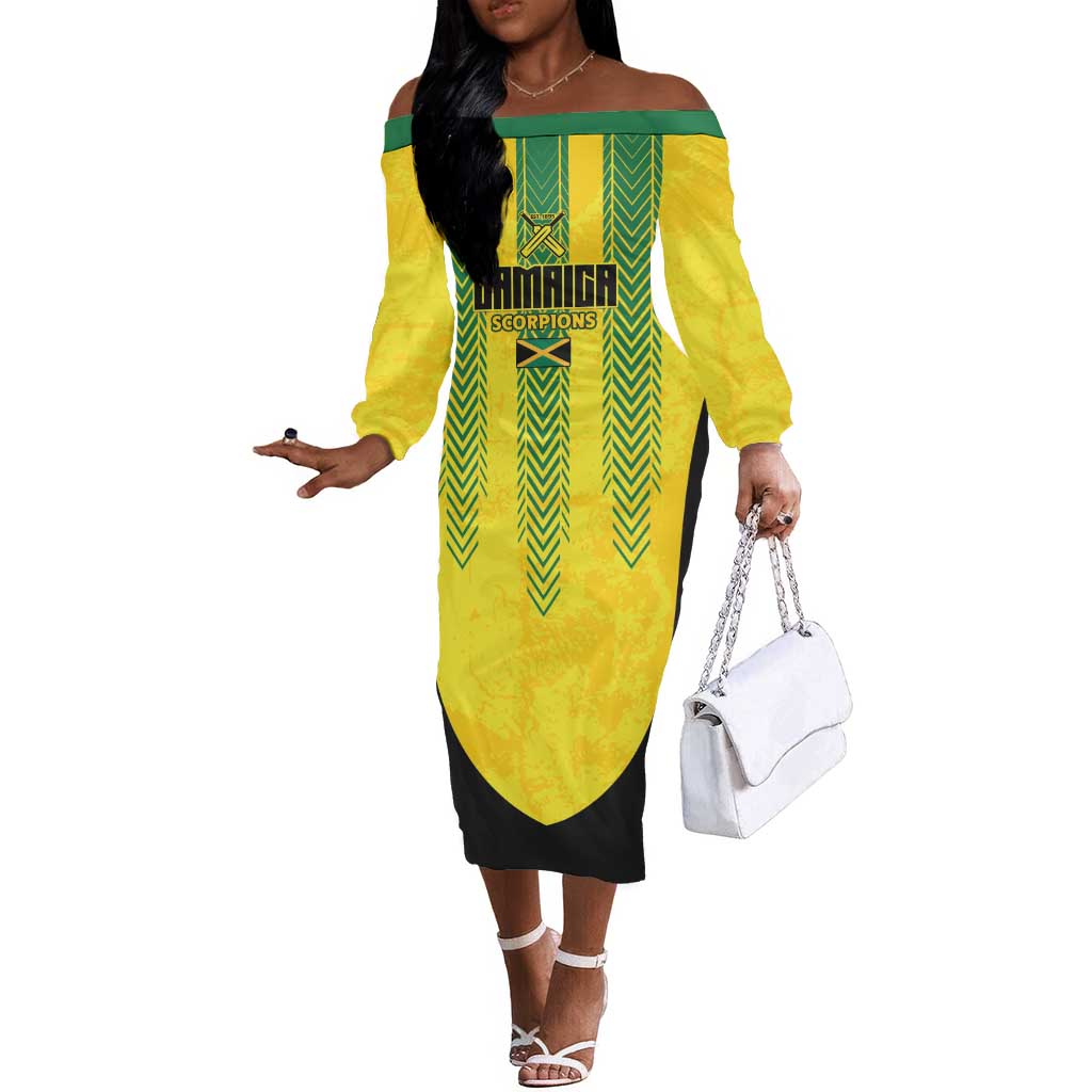 Custom Jamaica Cricket Scorpions Off The Shoulder Long Sleeve Dress Go Champions