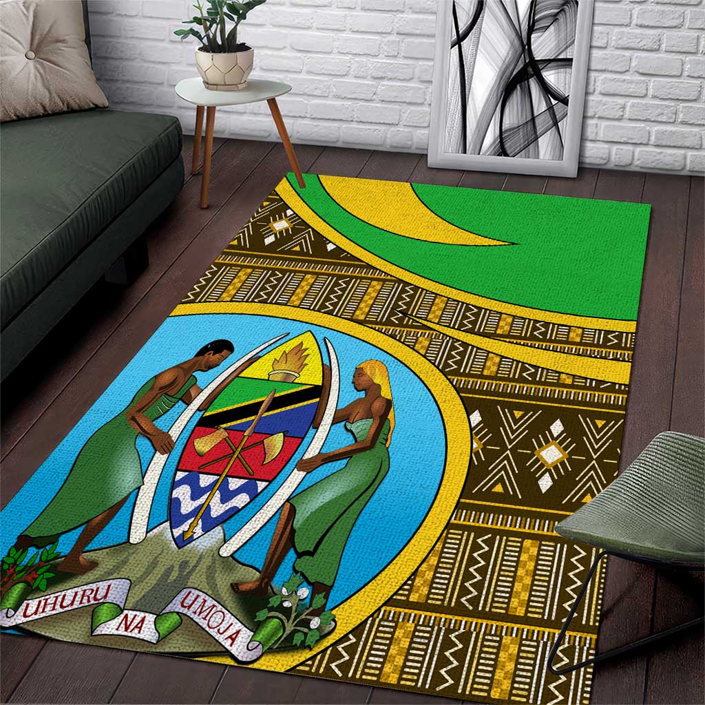 Tanzania Independence Day Area Rug with Tanzanian Coat of Arms and African Pattern