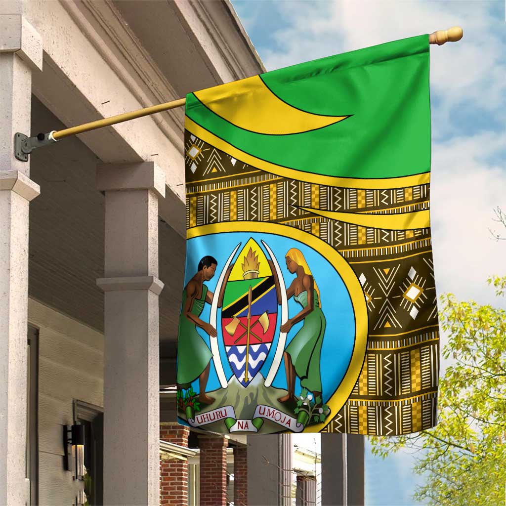 Tanzania Independence Day Garden Flag with Tanzanian Coat of Arms and African Pattern