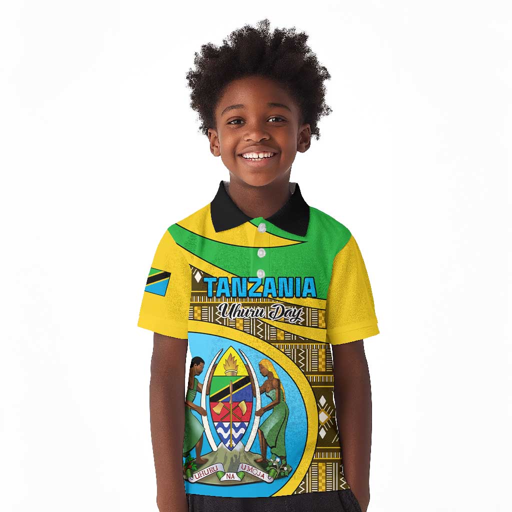 Personalized Tanzania Independence Day Kid Polo Shirt with Tanzanian Coat of Arms and African Pattern