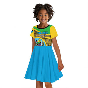 Personalized Tanzania Independence Day Kid Short Sleeve Dress with Tanzanian Coat of Arms and African Pattern