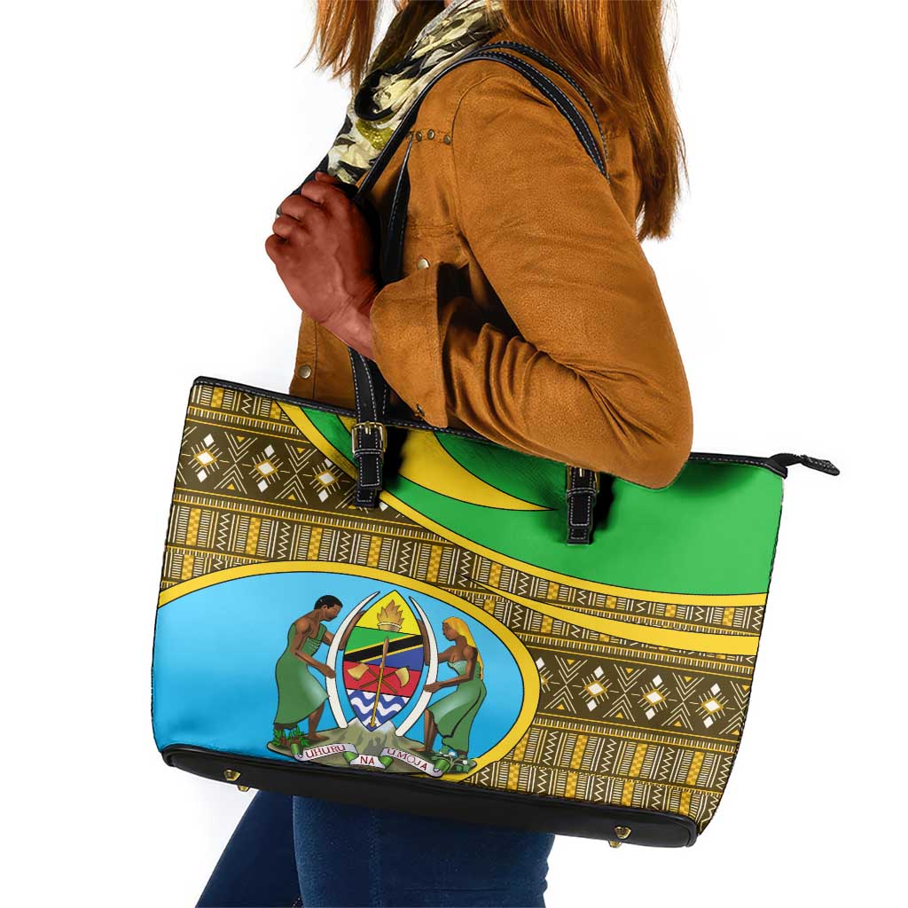 Tanzania Independence Day Leather Tote Bag with Tanzanian Coat of Arms and African Pattern