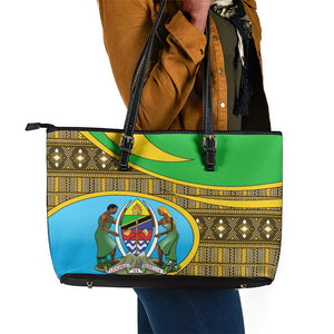 Tanzania Independence Day Leather Tote Bag with Tanzanian Coat of Arms and African Pattern