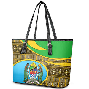 Tanzania Independence Day Leather Tote Bag with Tanzanian Coat of Arms and African Pattern