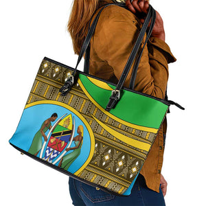 Tanzania Independence Day Leather Tote Bag with Tanzanian Coat of Arms and African Pattern