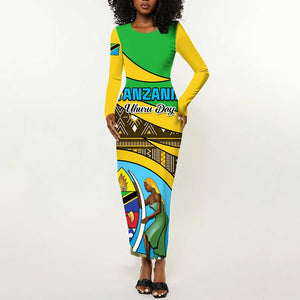 Personalized Tanzania Independence Day Long Sleeve Bodycon Dress with Tanzanian Coat of Arms and African Pattern