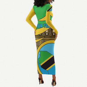 Personalized Tanzania Independence Day Long Sleeve Bodycon Dress with Tanzanian Coat of Arms and African Pattern