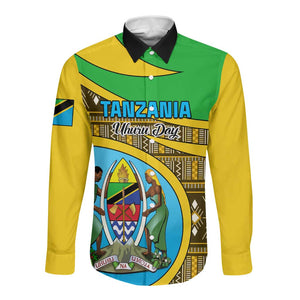 Personalized Tanzania Independence Day Long Sleeve Button Shirt with Tanzanian Coat of Arms and African Pattern