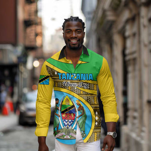 Personalized Tanzania Independence Day Long Sleeve Button Shirt with Tanzanian Coat of Arms and African Pattern