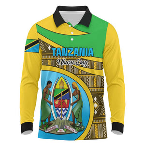 Personalized Tanzania Independence Day Long Sleeve Polo Shirt with Tanzanian Coat of Arms and African Pattern