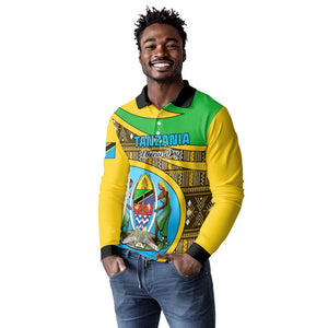 Personalized Tanzania Independence Day Long Sleeve Polo Shirt with Tanzanian Coat of Arms and African Pattern