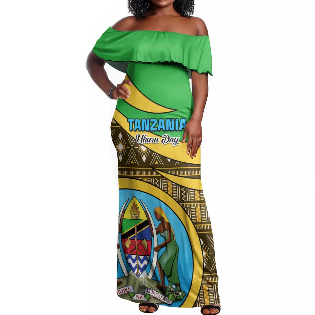 Personalized Tanzania Independence Day Off Shoulder Maxi Dress with Tanzanian Coat of Arms and African Pattern