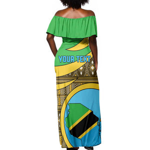 Personalized Tanzania Independence Day Off Shoulder Maxi Dress with Tanzanian Coat of Arms and African Pattern