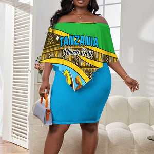 Personalized Tanzania Independence Day Off Shoulder Short Dress with Tanzanian Coat of Arms and African Pattern LT01