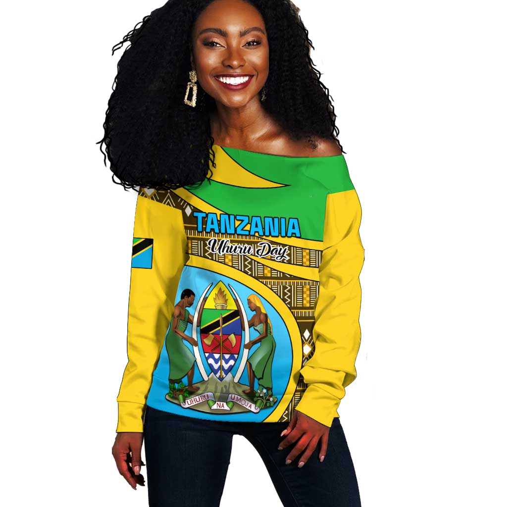 Personalized Tanzania Independence Day Off Shoulder Sweater with Tanzanian Coat of Arms and African Pattern